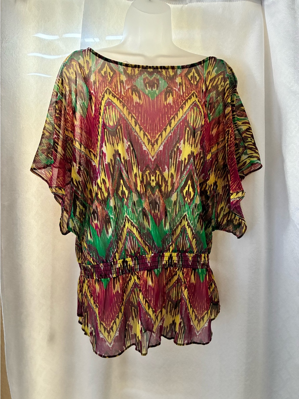 INC International Concepts Sheer Ikat Tunic - Green, Yellow, Burgundy